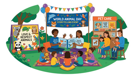 Fototapeta premium World Animal Day Storytelling Event: Diverse Children Learn About Animals Outdoors