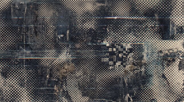 Dark halftone grid distressed background texture with subtle pixel glitch scanlines vintage worn paper grain dirty print overlay for industrial punk music cover street art poster design