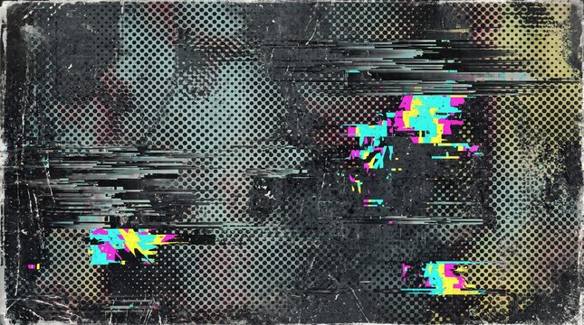 Cyberpunk glitch screen background texture with halftone dot pattern, neon color digital distortion noise overlay effect for retro futuristic poster art and cyber gaming design mockup.