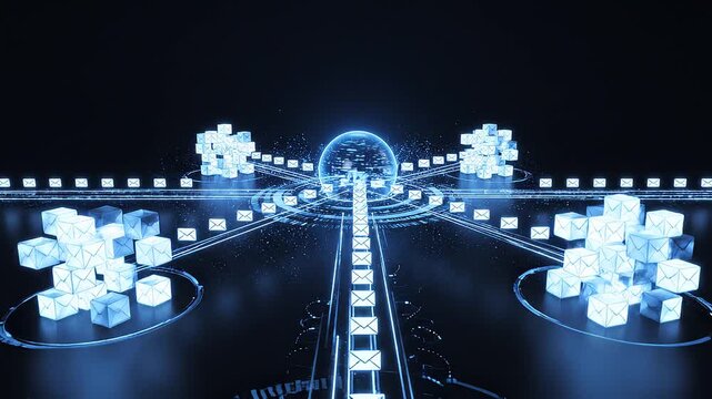 Digital email icons flying on futuristic technology network