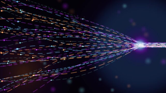Abstract digital data stream flows into a glowing central point representing network connectivity and information processing