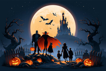 Fototapeta premium Children trick-or-treating in costumes on path with full moon, castle and pumpkins