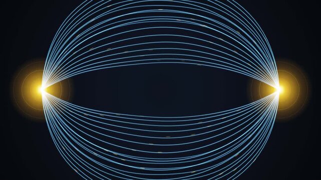 Luminous Blue Magnetic Field Lines Connect Two Glowing Yellow Energy Poles On A Dark Background