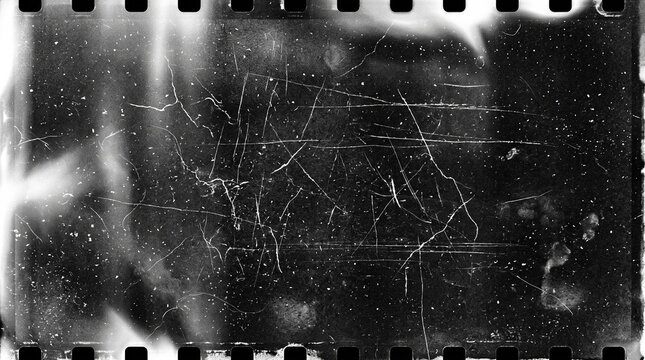 Vintage 35mm film frame texture overlay with black perforated border, distressed scratches, light leak noise for cinematic photography, retro poster design, analog video style.