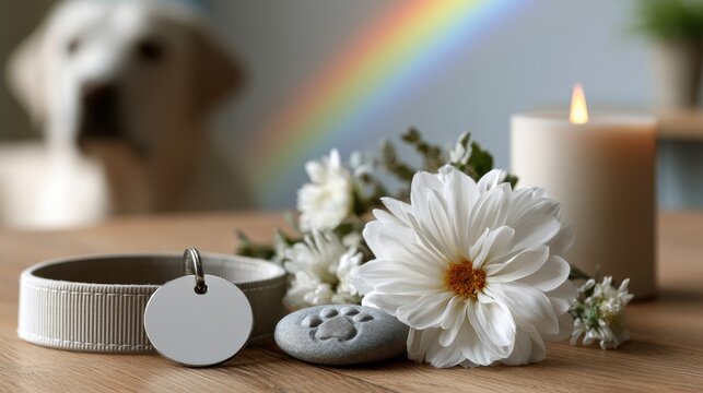 Pet memorial arrangement featuring a dog collar, flower, stone, and candle with a rainbow in the background, symbolizing the rainbow bridge concept for beloved pets