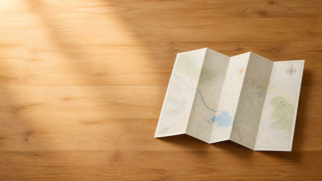 Stylized Folded Minimalist Paper Map on Clean Wooden Table