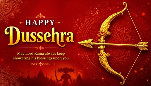 realistic happy dussehra festival banner with bow and arrow