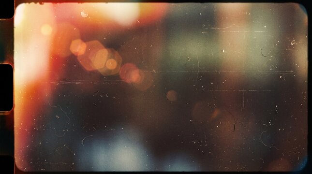 Authentic distressed background featuring analog 35mm film border with sprocket holes, warm light leaks, dust scratch frame overlay for vintage camera effects, retro photography, and video editing