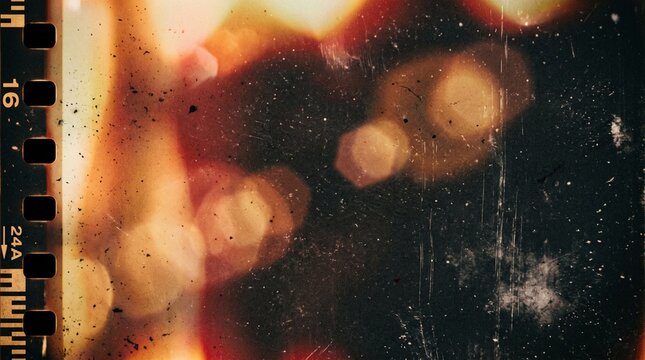 Retro 35mm camera film strip frame border with light leak bokeh effect dust scratches and vintage burn overlay for photo video editing cinematic album art and distressed backdrop design