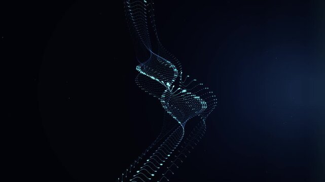 Abstract flowing blue light particles form a dynamic wavy data stream on a dark background