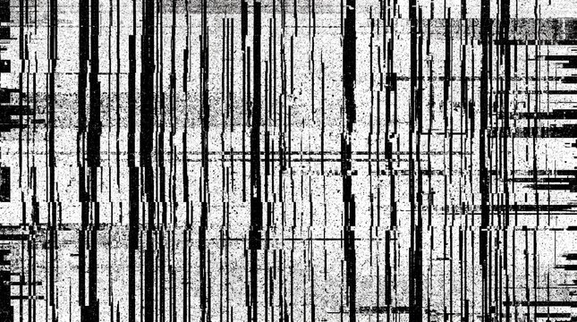 Black and white glitch screen texture with vertical distortion lines, high contrast digital noise scanline overlay effect for monochrome print design, poster background and album art.