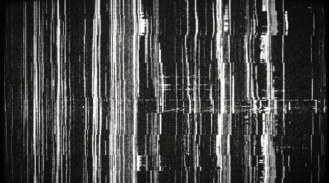 Dark glitch screen texture with white CRT scanline vertical static noise, VHS tracking error overlay effect for retro technology background, sci-fi poster and digital video editing.