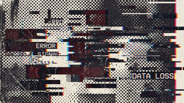 Digital glitch screen background with error message text, data loss signal, chromatic noise, halftone texture, and TV distortion effect for cyber security, gaming, and tech media content.