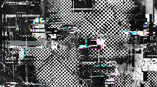 Trendy glitch screen background with halftone dot matrix texture, RGB color shift, digital distortion noise overlay for urban streetwear fashion, music event flyers, and modern pop art graphics