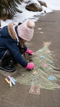Young girl with pink gloves drawing a colorful chalk Christmas tree on a snowy sidewalk, wearing a blue jacket and knitted hat in a winter outdoor setting