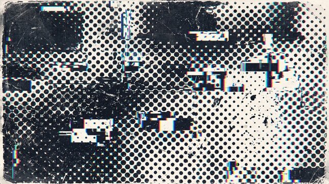 Vintage glitch screen background with halftone dot pattern, grunge paper border, signal interference effect for indie rock album covers, retro comic book designs, and creative print marketing