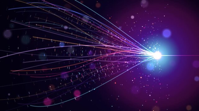 Abstract particle stream flowing from a glowing light source in a dark cosmic space environment