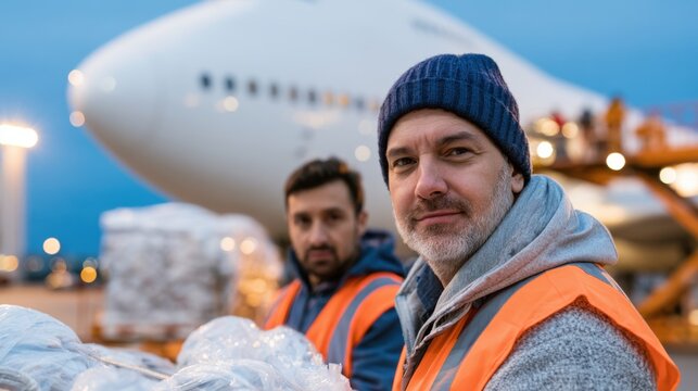 Two male airport cargo workers in orange safety vests handle freight near a large airplane on the tarmac during dusk, showcasing cargo operations and logistics