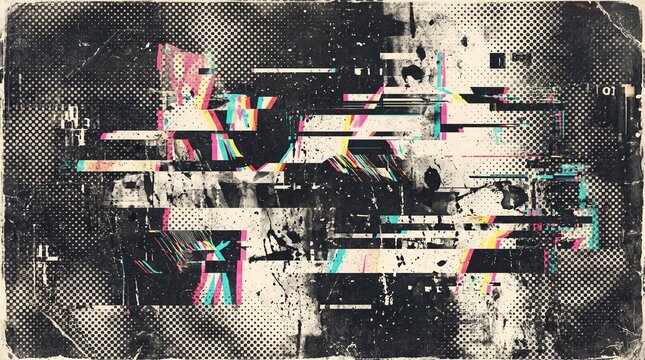 Abstract glitch screen background with colorful chromatic aberration, halftone raster overlay, signal error distortion for electronic music artwork, web banners, and modern graphic design
