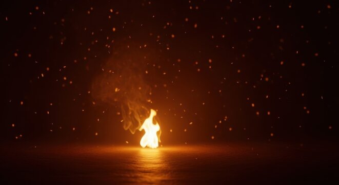 A small bright flame burning on a dark ground surface surrounded by floating orange sparks and embers in a dense smoky atmosphere with a soft golden glow at night.
