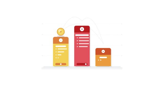 Animated financial bar chart showing coins transferring between savings accounts and digital investment columns for asset growth and wealth management