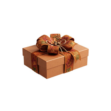 3D Autumn Gift Box Wrapped With Maple Leaf Ribbon, seasonal commercial concept, on white background