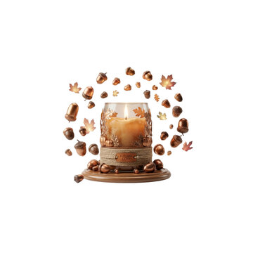 3D Cozy Autumn Candle Surrounded by Floating Acorns, elegant seasonal concept, polished 3D style, on white background