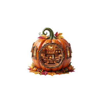 3D Pumpkin With Tiny Windows Showing a Cozy Autumn Room Inside, miniature diorama style,  on white background