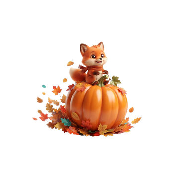 3D Fox Riding a Rolling Pumpkin Through a Pile of Autumn Leaves, cute surreal style, on white background