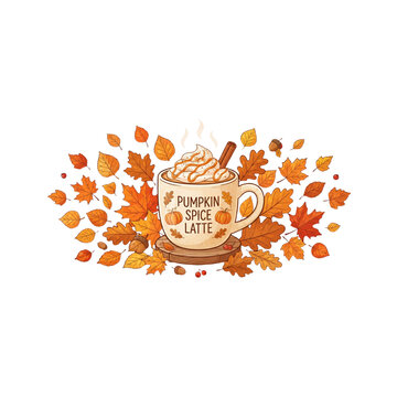 Pumpkin Spice Latte Surrounded by Colorful Autumn Leaves, autumn cartoon, on white background
