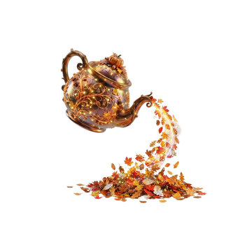 3D Magical Teapot Pouring a Stream of Tiny Colorful Autumn Leaves, surreal autumn concept, polished 3D style, on white background