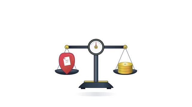 Business balance scale animation shows stacks of coins tipping against a document folder to symbolize investment growth and financial value
