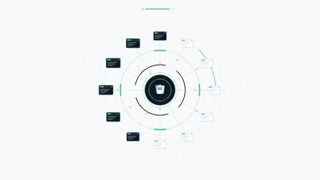 Central document processing hub interface showing data synchronization and task completion in a circular dashboard