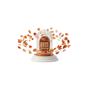 3D Miniature Autumn Calendar Surrounded by Floating Leaves, seasonal concept, clean premium 3D render, on white background