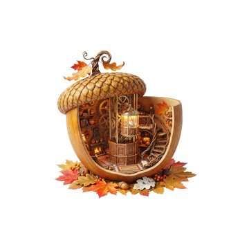 3D Giant Acorn With a Tiny Elevator Inside, autumn surreal concept, cute miniature design, on white background