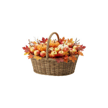 3D Autumn Shopping Basket Filled With Pumpkins, Apples and Maple Leaves, seasonal concept, crisp vivid colors, on white background