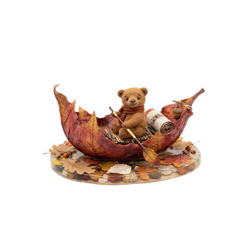 3D Bear Sitting Inside a Giant Hollow Maple Leaf Boat, autumn theme,  on white background