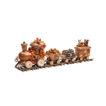 Tiny 3D Autumn Train Made of Acorns and Maple Leaves, cute miniature style, smooth glossy details, on white background