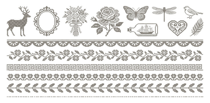 Cross stitch. Embroidery elements. Trendy vintage lace stitched ornate frames, floral borders, coquette bow, handcrafted flower for poster, card design. Vector set