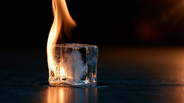 Burning ice cube creating a visual paradox of fire and ice, standing on a dark reflective surface