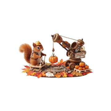 3D Squirrel Operating a Tiny Acorn Crane Lifting Pumpkins, autumn construction concept, on white background