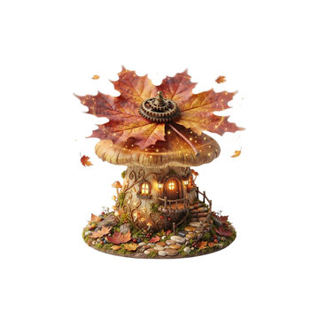 3D Mushroom House With a Rotating Maple Leaf Roof, autumn fantasy miniature, crisp vivid colors, on white background