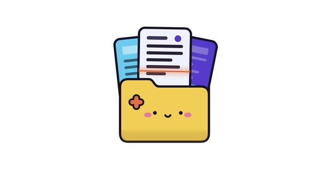 Cute cartoon folder with documents animation sequence showing file organization and storage