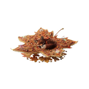3D Maple Leaf Turned Into a Tiny Flying Carpet With a Sleeping Fox, autumn fantasy style, on white background