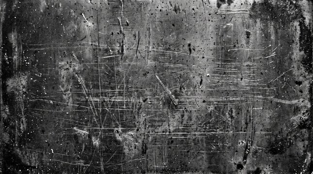 Distressed background with dark scratched metal texture plate, industrial grunge wall surface, rough black background overlay effect for urban banner and modern product display base.