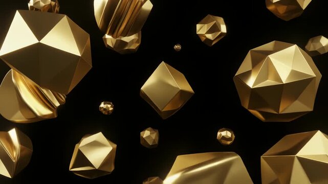 鋭角的な多面体と流麗な曲線が調和するゴールドの幾何学3Dアート