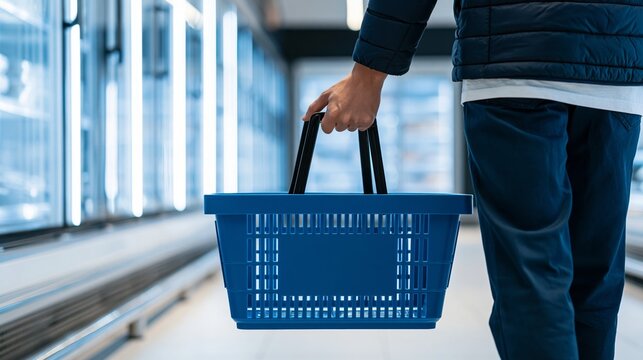 Person carrying blue shopping basket, walking through frozen food aisle in a modern supermarket