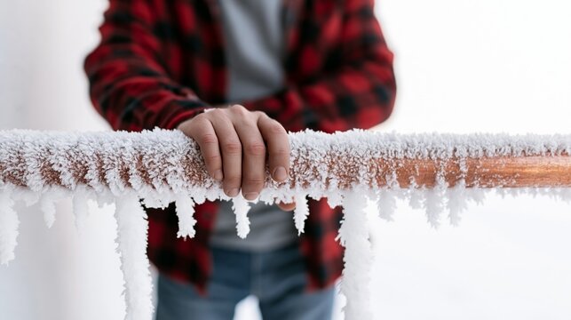 Homeowner hand touching a frozen outdoor copper plumbing pipe completely covered with thick frost and icicles in winter