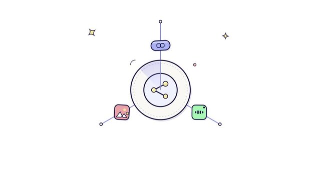 Data distribution animation showing information nodes connecting to media icons in a circular network diagram