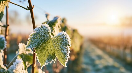 Obraz premium Grapevine leaf showing a fresh layer of morning frost during sunrise in a tranquil vineyard landscape